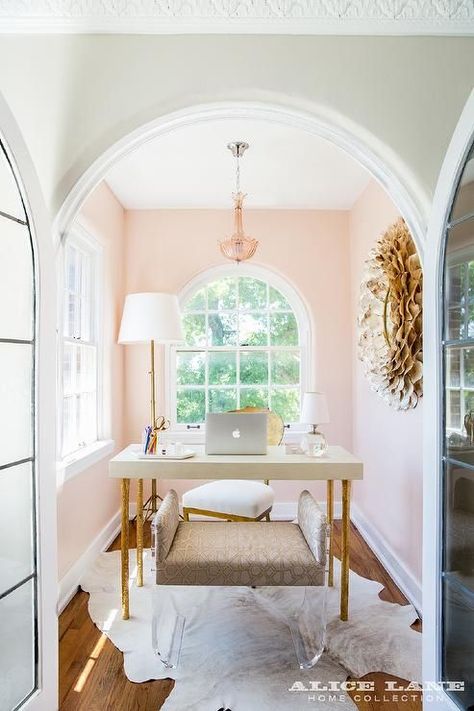 Farrow & Ball Pink Ground Pink Home Offices, Arched French Doors, Pink Home Office, Alice Lane Home, Home Office Colors, Home Office Inspiration, Office Colors, Pink Home Decor, Home Offices