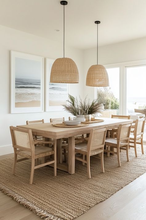 ♥ Are you dreaming of a coastal dining room to impress your guests? Dive into the charm of this coastal cottage-inspired space with coastal wallpaper and a coastal aesthetic. Get inspired for your small dining room decor with elegant dining room ideas. 🌊✨ #diningroomdecor #coastalliving #diningroomdesign Dining Room With Open Kitchen, Light Colored Dining Room Table, Modern Lake House Dining Room, Picnic Table Dining Room Indoor, Coastal Rugs Dining Room, White Coastal Dining Table, Natural Dining Room Ideas, Dining Room Design Open Concept, Small Cottage Ideas Interior