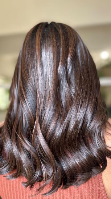 Milk Chocolate Brown Hair With Highlights, Hair Color Mocha Brown, Brown Skin Highlights Hair, Mocha Babylights, Hair Highlights For Black Hair Indian, Multi Tonal Brown Hair, Hair Color For Black Hair Indian, Haircolour Ideas For Indian Skin, Mocha Brown Hair Balayage