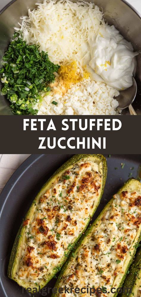 Feta cheese stuffed zucchini is light, and appetizing with a herby-lemony flavor. Stuffed with feta, Gruyere, and Greek yogurt. #keto #gluten-free Cheese Stuffed Zucchini, Eat More Fruit, Bar Tv, Unique Wood Furniture, Stuffed Zucchini Boats, Art To Make, Rustic Modern Farmhouse, Contemporary Sideboard, Stuffed Zucchini