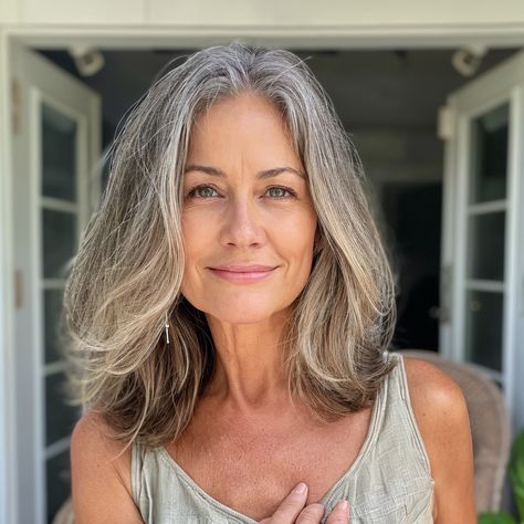 Gray Long Bob Hairstyles, Gray Hair Fashion Outfit, Long Bob Over 50, Middle Age Haircuts For Women, Middle Aged Woman Haircut, Older Women Long Hair, Grey Hair Long Bob, Haircuts For Middle Aged Women, Woman Middle Age