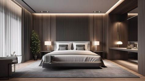 Modern Bedroom Wall With Wood Walls And Lighting#pikbest#Backgrounds#Others Modern Luxury Bedroom Master Suite Interior Design, Bed With Tv, Modern Bedroom Suite, Modern Bedroom Wall, Wood Walls Bedroom, Hd Photography, Feature Wall Bedroom, Contemporary Bedroom Design, Wood Walls