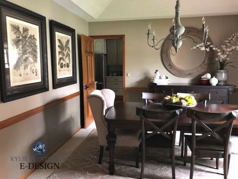 The 7 Best Neutral Paint Colours to Update Dark Wood Trim - Part 324762 Dining Room With Oak Trim, Chair Rail Paint Ideas, Neutral Paint Colours, Kylie M Interiors, Dining Room Wall Color, Dark Wood Trim, Warm Grey Paint Colors, Warm Gray Paint, Brown Paint Colors