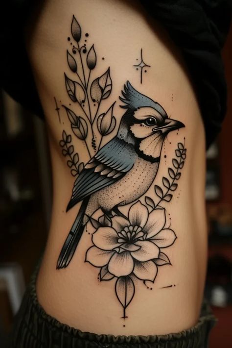 American Traditional Bluebird Tattoo, Red And Blue Bird Tattoo, Neo Traditional Blue Jay Tattoo, Blue Jay Tattoo Men, Blue Jay Outline Tattoo, Blue Jay Tattoo Small Black And White, Large Tattoo Cover Up Ideas, Blue Bird Tattoo Black And White, Blue Jay Tattoo Black And White