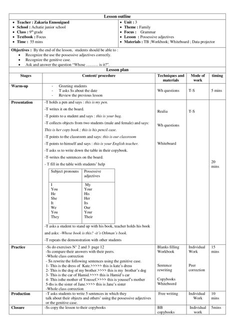 Lesson plan-Grammar-Possessive Adjectives - Teachingutopians English Teacher Lesson Plans, Adjectives Lesson, Lesson Plan Format, Possessive Adjectives, Teacher Evaluation, English Grammar Rules, English Lesson Plans, Esl Lesson Plans, Esl Lessons