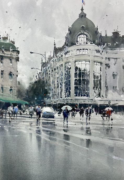 Joseph Zbukvic "Morning Drizzle" 19x13 Watercolor on Paper at Principle Gallery Watercolour Studies, Street Watercolor, Opera Theatre, Joseph Zbukvic, Master Watercolor, Urban Sketches, Watercolor Architecture, City Painting, Watercolor Landscape Paintings