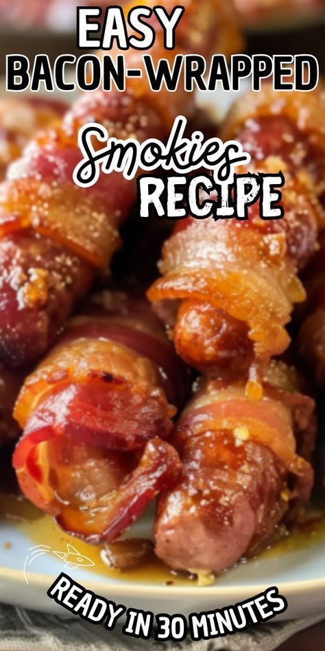 Easy Bacon-Wrapped Smokies – bite-sized bundles of savory goodness that are sure to be the star of any gathering. Picture plump cocktail sausages enveloped in crispy bacon, glazed with a sweet and tangy sauce that's simply irresistible. Whether served as a crowd-pleasing party snack or Bacon Wrapped Lil Smokies, Wrapped Smokies, Bacon Wrapped Sausages, Smokies Recipe, Bacon Wrapped Smokies, Sausage Wrap, Cocktail Sausages, Wrapped In Bacon, Easy Bacon