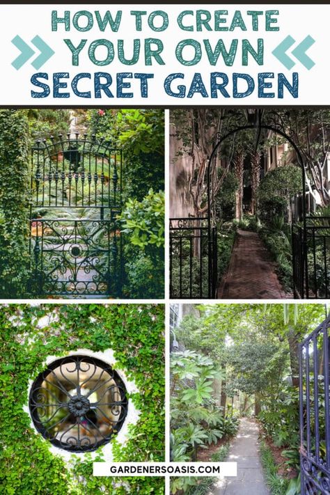 Lots of beautiful ideas for creating a secret garden room in your own backyard. A wrought iron gate looking into a courtyard is something I would love to have in my garden. Secret Garden Ideas, Magical Backyard, Charleston Gardens, Relaxing Backyard, Backyard Shade, Backyard Plan, Backyard Privacy, Hidden Garden, Diy Gardening