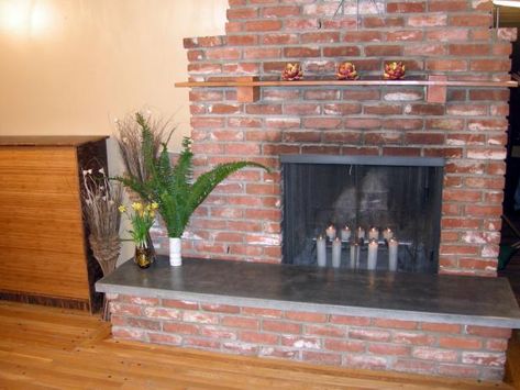 Concrete Fireplace Hearth, Diy Concrete Fireplace, Fireplace Hearth Stone, Concrete Hearth, Hearth Ideas, Red Brick Fireplaces, Craftsman Fireplace, Hearth Stone, Slate Fireplace