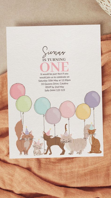 Cats Birthday Theme, Cat Themed 1st Birthday Party, Cats And Dogs Birthday Party, Kitten Birthday Party Ideas, Kitten Themed Birthday Party, Eloise Birthday, Cat Birthday Invitations, Cat Invitations, Kitten Birthday Party