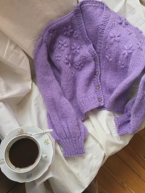 #knitwear #cardigan #embroidery #lavender Lavender Clothes Aesthetic, Cardigan Outfits Aesthetic, Purple Cardigan Outfits, Purple Sweater Outfit, Oversized Cardigan Outfit, Pullover Sweaters Outfits, Cardigan Embroidery, Lavender Cardigan, Crochet Sweater Design