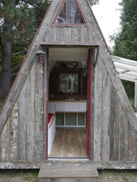 1200 transforming a-frame cabin by Derek Diedricksen 001b A-frame Interior, Tiny House Swoon, A Frame Cabins, Shed To Tiny House, A Frame House Plans, Frame Cabin, Tiny Cabins, A Frame Cabin, Tiny Cabin