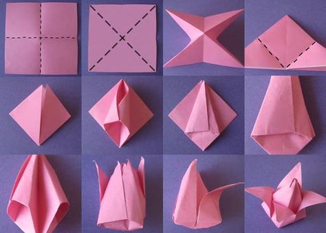 origami tulip-40 Origami Stella, Tulip Origami, Easy Origami Flower, Origami Flowers Tutorial, Paper Folding Crafts, Flower Step By Step, Tutorial Origami, Origami For Beginners, Origami Love