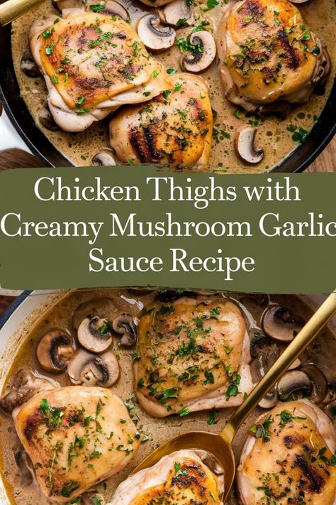 Chicken thighs in a creamy mushroom garlic sauce garnished with herbs. Unique Chicken Thigh Recipes, Chicken Thigh And Mushroom Recipes, Chicken Thighs With Mushrooms, Garlic Mushroom Sauce, Mushroom Garlic, Chicken Thigh Recipe, Chicken Thighs Mushrooms, Crockpot Chicken Thighs, Mushroom Sauce Recipe