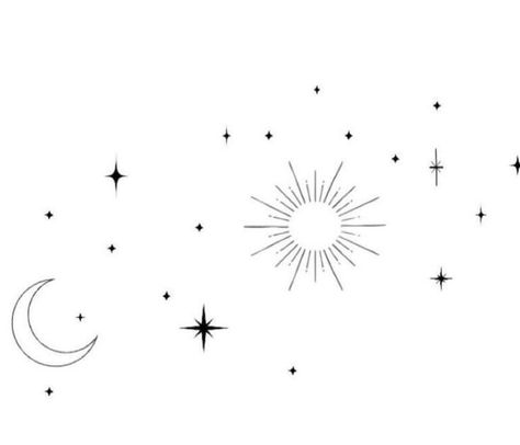 Celestial Shoulder Tattoo, Minimal Space Tattoo, Star Pattern Tattoo, Shoulder Tattoo Stencil, Star And Moon Tattoo, Stars Tattoo Designs, Star Tattoo On Shoulder, Black Line Tattoo, Small Girly Tattoos