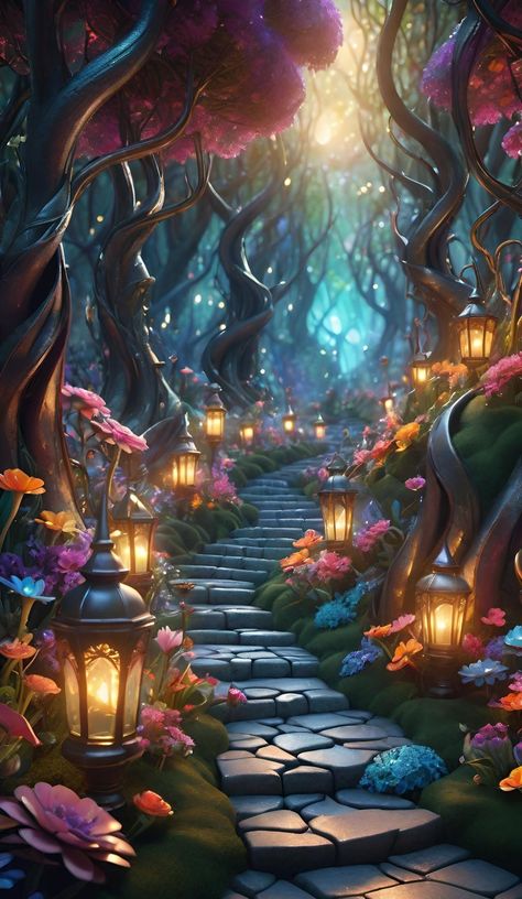 Fairy Garden Ideas Enchanted Forest, Flower Scenery, Magical Village, Rainbow Forest, Drawing Rocks, Broken Screen Wallpaper, Halloween Wallpaper Cute, Whimsical Artwork, Mystical Forest