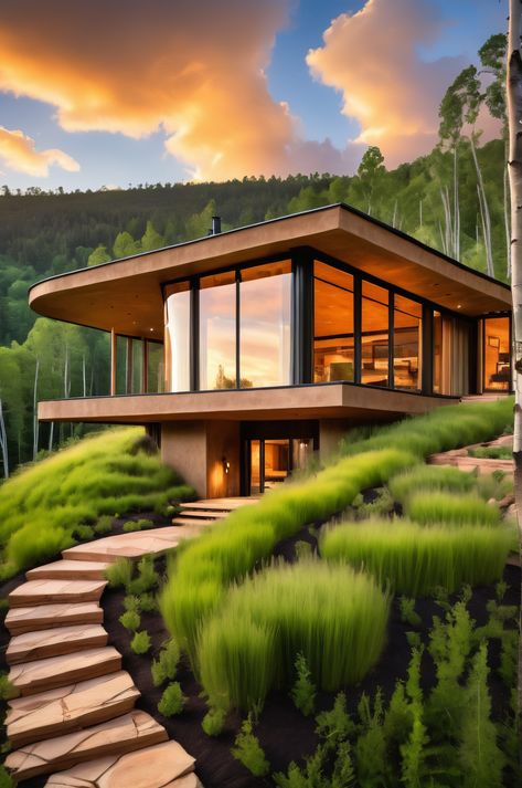 An organic earth house where architecture meets nature. Rammed earth walls, green roof, and stunning forest views create a sustainable sanctuary. #earthhouse #greenbuilding #architecture Nature Houses, Truly Organic, Earth House, Nature And Architecture, Mountain Meadow, Rammed Earth Wall, House In Nature, Rammed Earth, Forest View