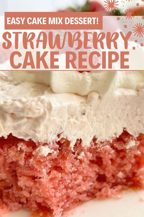 A picture of an easy strawberry cake recipe that starts with a cake mix and is frosted with a fluffy cream cheese frosting with fresh pureed strawberries. Strawberry Refrigerator Cake, Strawberry Poke Cake, Refrigerator Cake, Strawberry Poke Cakes, Strawberry Cake Easy, Fresh Strawberry Cake, Cakes To Make, Jello Cake, Strawberry Cake Mix