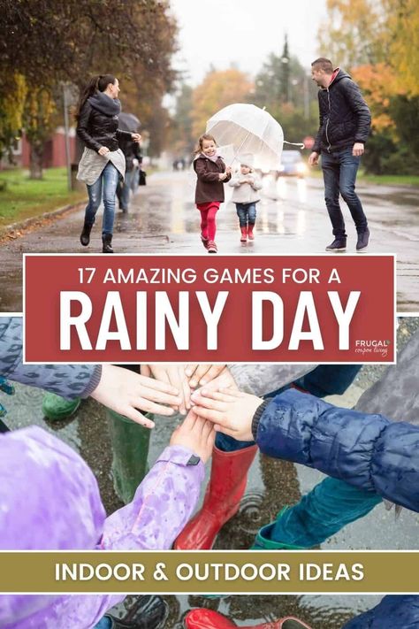 Turn rainy days into memorable adventures with our collection of indoor and outdoor fun! Stay cozy indoors with board games, arts & crafts, and baking delights. Or, embrace the weather outside with water balloons, relay races, and sprinkler fun. Looking for something new? Print our 17 rainy day games guaranteed to entertain everyone. Rain or shine, fun times are ahead! Embrace the forecast and let the games begin! #RainyDayActivities #IndoorFun #OutdoorGames" Rainy Day Activities With Friends, Rainy Day Family Games, Outside Rainy Day Activities, Rainy Day Family Activities, Youth Groups Games, Rainy Day Games, Fun Rainy Day Activities, Relay Games, Classroom Party Games