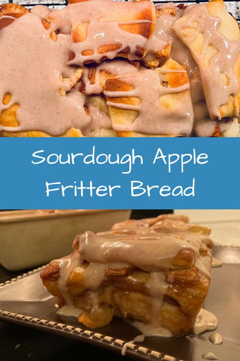 This sourdough apple fritter bread is absolutely delicious and so easy to make! Check out the recipe or pin it for later! Apple Fritter Sourdough Discard Bread, Sour Dough Apple Fritters, Sourdough Discard Apple Fritter Bread, Sourdough Apple Fritter Bread, Baked Sourdough Apple Fritters, Sourdough Zucchini Fritters, Cinnamon Sugar Apples, Apple Fritter Bread, Sugar Apples