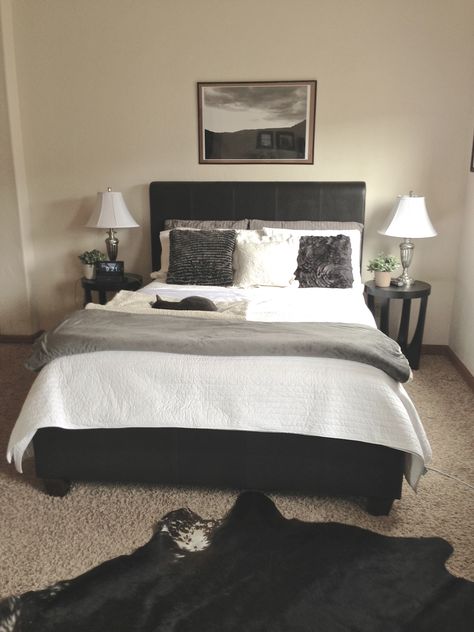 Bedroom-color scheme Melina's bedroom, black leather with grey and white Black Leather Bed, Tan Bedroom, Grey And White Bedding, Furniture Color Schemes, Black Bed Frame, Black Bed, Black Bedroom Furniture, Black Headboard, Beige Bedroom