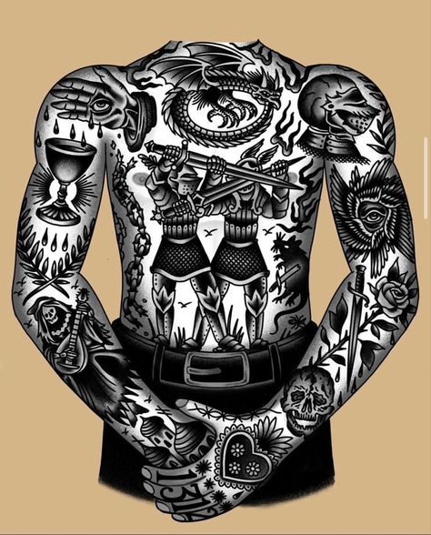 Traditional Tattoo Torso, Traditional Tattoo Illustration, Traditional Back Tattoo, Old School Tattoo Sleeve, Tattoos Masculinas, Traditional Black Tattoo, Illusion Tattoos, Optical Illusion Tattoos, Backpiece Tattoo