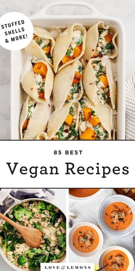 These 85 easy vegan recipes will make you excited to cook (and eat!) plant-based meals at home. With everything from creamy pastas to tacos to burgers and beyond, these vegan dinner recipes are ones you're sure to love! | Love and Lemons #vegan #vegetarian #recipe #healthyrecipes #dinner #cleaneating Creamy Pastas, Best Veggie Burger, Creamy Vegan Pasta, Easy Vegan Recipes, Meals At Home, Vegan Grilling, Plant Based Dinner, Vegetarian Recipe, Best Vegan Recipes