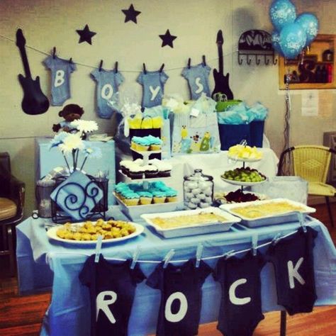 This is an example of something we can do but change the colors to Greens instead of Blue for the Little Rock Star theme we are doing. Baby Shower Program, Unique Baby Shower Decorations, Rock Baby Showers, Rock Star Theme, Rockabilly Baby, Star Baby Shower Theme, Bebe Shower, Shower Pics, Star Theme