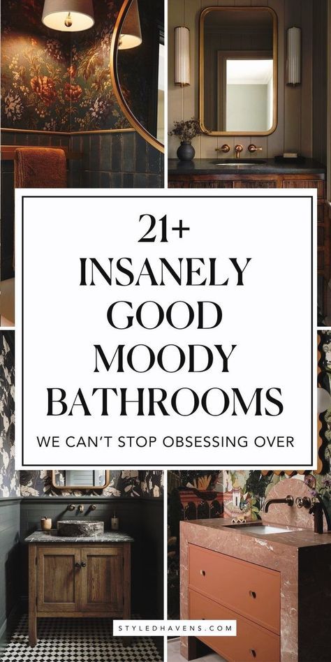 Searching for the best moody bathroom inspo? It's no secret moody bathrooms are trending for 2025 - the deep, jewel tones and rich character are all over the world of modern bathroom design. If you love a good dark bathroom style, these hand-picked bathrooms are for you - including ideas for bathroom decor! (Save to your bathroom interior design board for later!) Dark Moody Bathroom, Moody Bathrooms, Moody Bathroom Ideas, Small Dark Bathroom, Dark Brown Bathroom, Moody Bathroom, Dark Bathroom Ideas, Dark Bathroom, Bold Bathroom