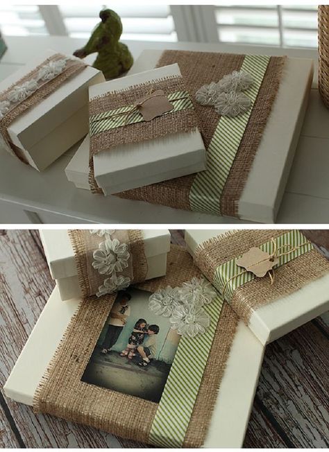 Burlap Wrapping I thinking this would be great to do pictures on canvas! Burlap Crafts Diy, Snowman Crafts Diy, Wrapped Presents, Burlap Projects, Cute Diy Projects, Diy Burlap, Diy Snowman, Burlap Crafts, Boyfriend Diy