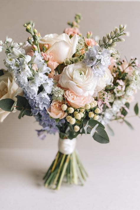 Pastel Blue and Pink Bouquet full of scent and texture. Flowers include Stocks, Delphiniums, Roses, Waxflower, & Hypericum Textured Wedding Bouquet, Romantic Garden Wedding Bouquet, Pastel Color Bouquets, Pink White Blue Bouquet, Pastel Flower Bouquet Wedding, Spring Floral Bouquet Wedding, Pastel Flowers Bouquet, April Bridal Bouquet, Bridal Bouquet Inspiration