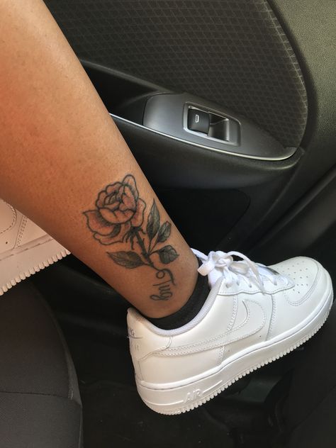 Rose On Ankle Tattoo, Ankle Tattoo Ideas Female, Rose Ankle Tattoos For Women, Ankle Tattoos Black Women, Ankle Tattoo Black Women, Side Ankle Tattoos For Women, Rose Tattoo On Leg, Rose Tattoo Ankle, Small Leg Tattoos Women