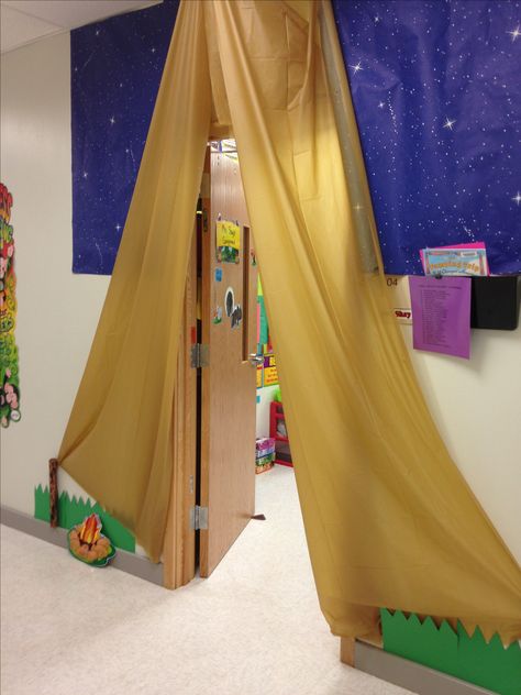 Camping Theme- Did this for my classroom door. Used table cloths from dollar tree. Camp Out Vbs, Camp Vbs, Camp Read, Camping Classroom, Camping Theme Classroom, Vbs Crafts, Camping Theme, Vacation Bible School, Classroom Design