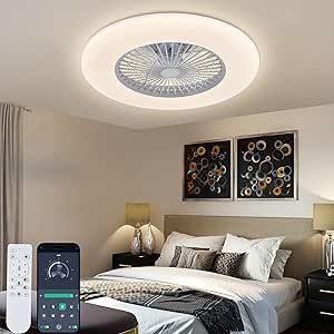 KAMLAM Bladeless Ceiling Fan with Light, 24" Modern Low Profile Flush Mount Ceiling Fan with 3 Color Dimmable Smart LED, 6 Speeds Timing Reversible, Enclosed Ceiling Fan Remote & APP Control White Bladeless Ceiling Fan With Light, Low Profile Ceiling Fan, Bladeless Ceiling Fan, Flush Mount Ceiling Fan, Led Ceiling Fan, Fan With Light, Fan Lamp, Ceiling Fan With Remote, Dim Lighting