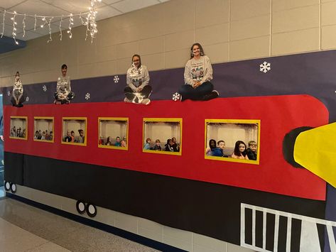 Christmas Bulletin Board Ideas Polar Express, North Pole School Hallway Decorations, School Hallway Christmas Decor, Polar Express Christmas Party Decoration, Polar Express Decorations Hallways, Polar Express Classroom Transformation, Polar Express Theme Party, Polar Express School Hallway, Polar Express Door Decorations Classroom