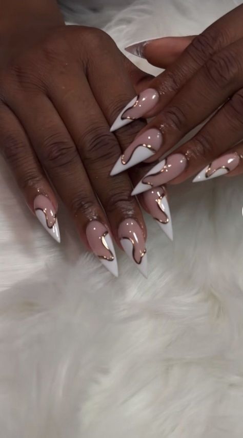 Half French Tip Nails Almond, Unique Bridal Nails Art Designs, Luxury Almond Nails, Glam Oval Nails, White Gold And Silver Nails, Almond Nails Abstract Designs, White Designs On Nails, Almond Birthday Nails Designs, Acrylic Stiletto Nails Design