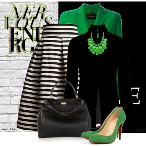 Green, Black and White by sonies-world on Polyvore featuring Temperley London, Versace, Rumour London, Christian Louboutin, Fendi, white, black, Pumps and GREEN Scandal Fashion, Derby Outfits, Sassy Outfit, Stylish Work Attire, Temperley London, Green Outfit, Green Shoes, Work Outfits Women, Work Attire