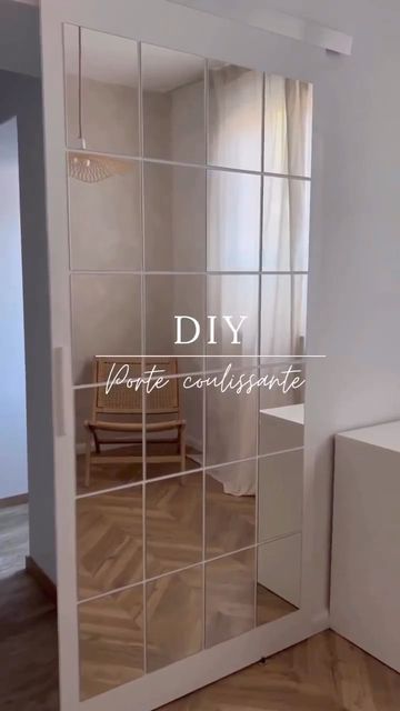 🌹🌺🌸Les Inspirations De Rose 🌹 on Instagram: "This is how @noracontetout 🖤 created this custom sliding door ✨ 1️⃣ Buy an MDF pane, have it cut to size then paint it in 2-3 layers with a white lacquer 2️⃣ Install the rail 3️⃣ Glue the mirrors; using 24 LÖNSÅS mirrors from @ikea 4️⃣ Fix the rail cover; using double-sided adhesive tape @soudal_be 5️⃣ Fix the guides to the ground 6️⃣ Create the handles For more details about the project head to @noracontetout 🖤 profile in the highlights DIY, yo Mirror Wall Design, Diy Mirror Wall Decor, Diy Mirror Wall, Custom Sliding Doors, Mirror Decor Living Room, Ikea Mirror, Home Entrance Decor, Diy Home Furniture, Decor Home Living Room