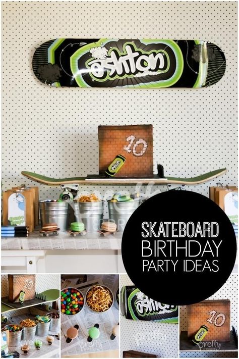 boy's skateboard party Skateboard Birthday Party Ideas, Skateboard Party Theme, Skateboard Party Decorations, Shopkins Party Decorations, Skateboard Birthday Party, Birthday Party Ideas For Boys, Skateboard Party, Skateboard Birthday, Teenager Party