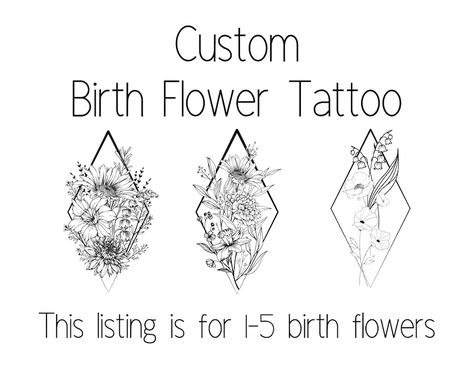 Custom Birth Flower Tattoo Design Birth Flower Bouquet - Etsy Canada Flower Bouquet Tattoo, July Birth Flower, November Birth Flower, May Birth Flowers, Bouquet Tattoo, Birth Flower Tattoos, Flowers Tattoo, Line Art Tattoos, Month Flowers