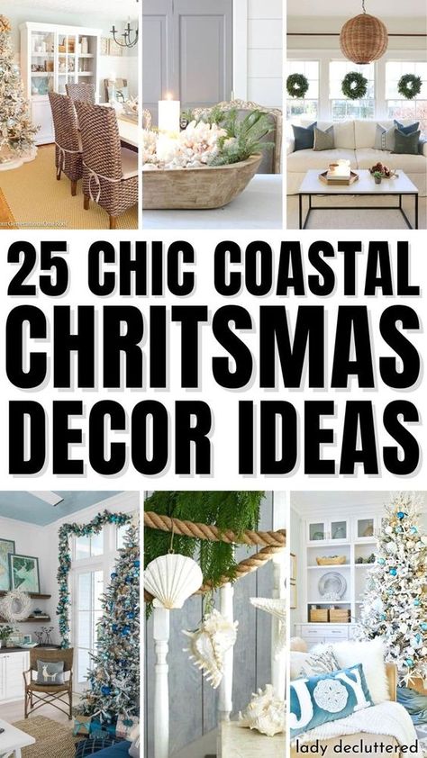 Christmas Beachy Decor, Coastal Winter Decor Ideas, Christmas Decor Ideas Florida, Coastal Mantel Decor, Winter Coastal Bedroom, Christmas Decor Ideas Beach Theme, Seaside Christmas Decorations, Summer Xmas Decorations, Coastal Holiday Decor Christmas Ideas