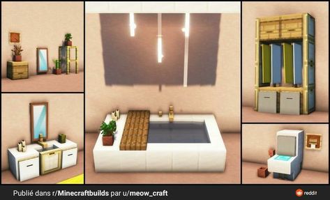 Minecraft Bed Designs In Game, Minecraft Vanity, Minecraft Laundry Room, Minecraft Bathtub, Minecraft Closet Ideas, Modern Minecraft Bedroom, Minecraft Desk Ideas, Minecraft Living Room Ideas Modern, Bedroom In Minecraft