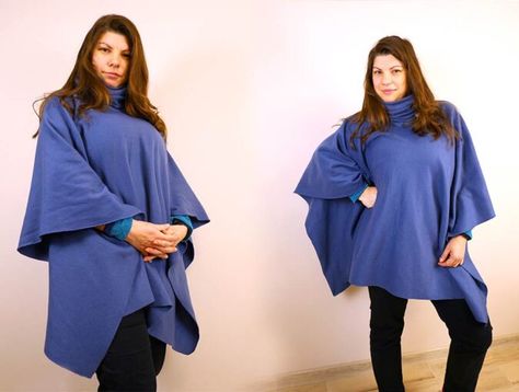 How to Make a Fleece Poncho with a Hood [Using Just 2 Seams] How To Make A Poncho, Diy Poncho, Hello Sewing, Poncho With Sleeves, Fleece Poncho, Pants Sewing, Hooded Poncho, Poncho Pattern, Polar Fleece