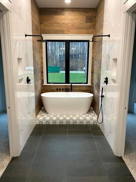 Wet room with a zero entry shower and free-standing tub! Custom Bathrooms, Standing Tub, Wet Room, Custom Bathroom, Wet Rooms, Free Standing Tub, Master Bath, Floor Coverings, Free Standing