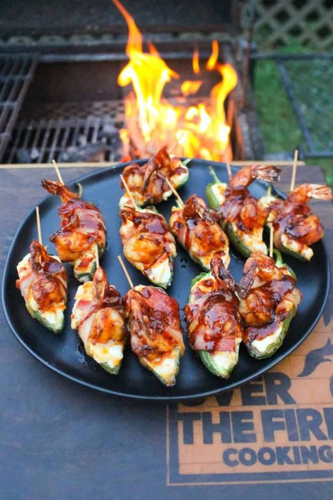 Shrimp Jalepeno Recipes, Shrimp Stuffed Jalapeno Peppers, Hot Honey Salmon Bites, Shrimp Jalapeno Poppers, Honey Salmon Bites, Hot Honey Salmon, Jalapeno Popper Appetizer, Bbq Competition, Over The Fire Cooking