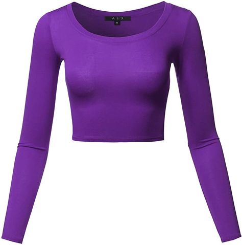 Women's Basic Solid Stretchable Scoop Neck Long Sleeve Crop Top at Amazon Women’s Clothing store Crop Top Purple, Alt Clothes, Purple Fits, Purple Crop Top, Half Shirts, Scoop Neck Long Sleeve, Purple Shirt, Crop Top Shirts, Long Crop Top