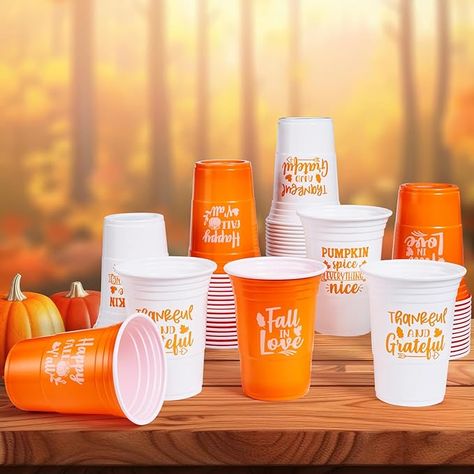 Fall Thanksgiving cups come in a 50-pack, each with different fall pattern styles and colors to perfectly complement your autumnal theme. Choose from cups adorned with leaves, pumpkins, and other festive designs to make your gathering truly memorable. Sturdy and Safe for Everyone: Crafted from premium plastic, these 16oz fall disposable cups cater to both young and old. #ad Thanksgiving Cups, Fall Mugs, Fall Party Decorations, Happy Pumpkin, Fall Patterns, Family Reunions, Thanksgiving Ideas, Autumn Harvest, Disposable Cups