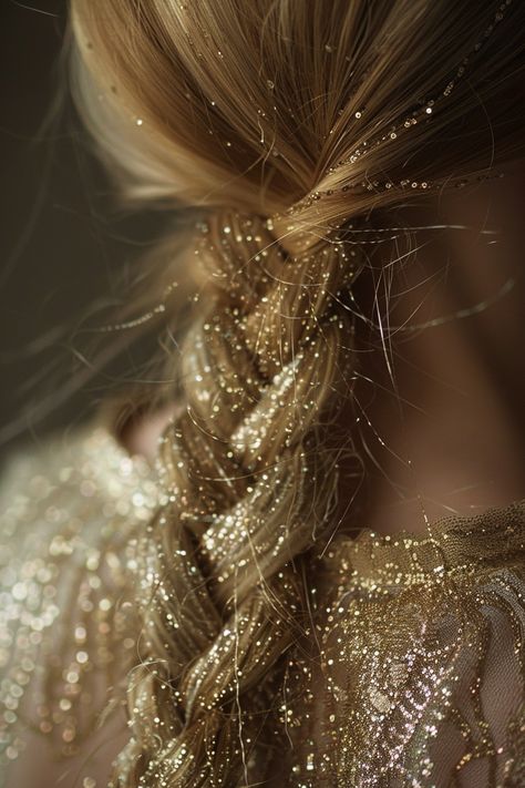 Gold Sparkle Aesthetic, Gold Hair Aesthetic, Gold Yellow Aesthetic, Festival Hair Ideas, Glam Garden, Glittery Hair, Sparkle Aesthetic, Angel Michael, Whimsical Hair