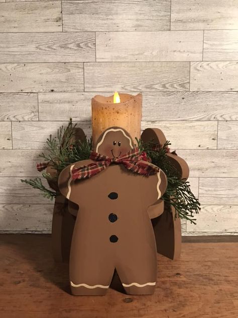 Country Primitive Decorating, Gingerbread Home Decor, Wood Gingerbread, Primitive Gingerbread, Gingerbread Candle, Dollar Tree Diy Crafts, Wood Candle Holders, Primitive Decorating Country, Primitive Christmas