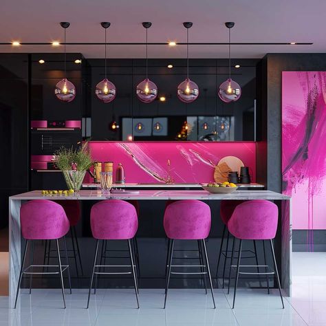 Refreshing Pink Kitchen Furniture Design to Brighten Your Home • 333+ Art Images Kitchen Design Pink, Vibey Decor, Pink Kitchen Furniture, Hot Pink Kitchen, Pink Kitchen Ideas, Acrylic Dining Chairs, Bright Kitchen, Elegant Living Room Decor, Creative Kitchen